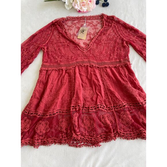 NWT Bohemia Lace Tunic/Dress Floral Embroidery Sheer V-Neckline Cottagecore BOHO - Picture 2 of 16